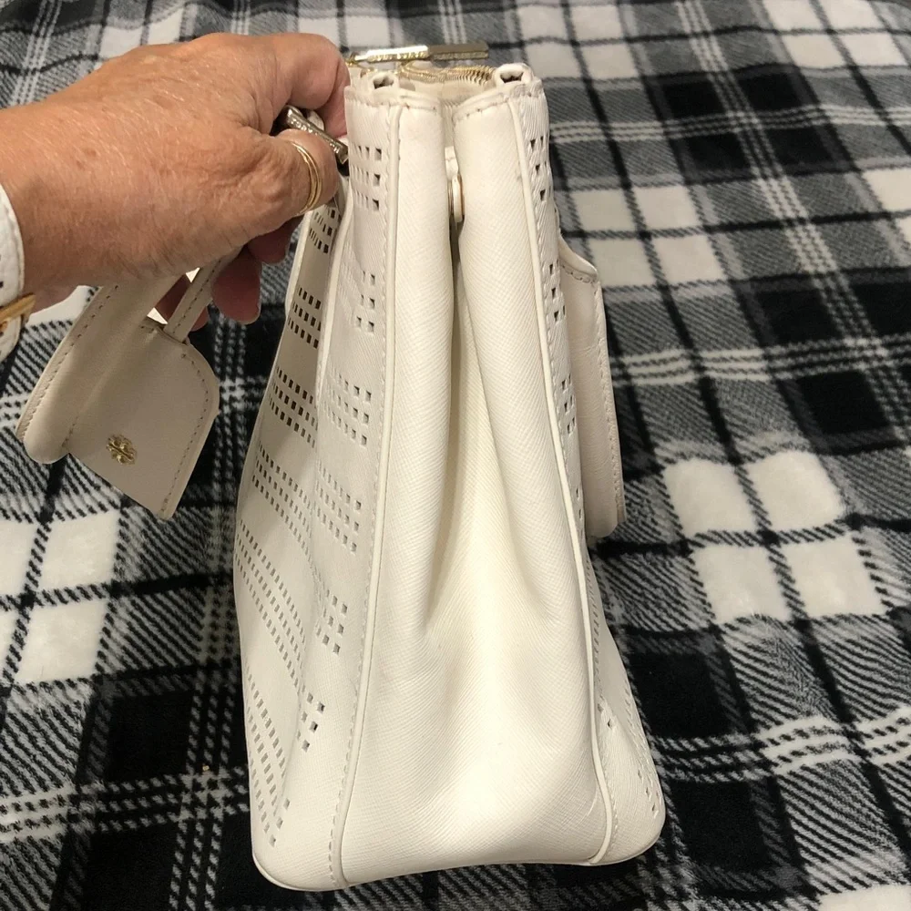 Tory Burch White Perforated Leather Tote with Gold Logo